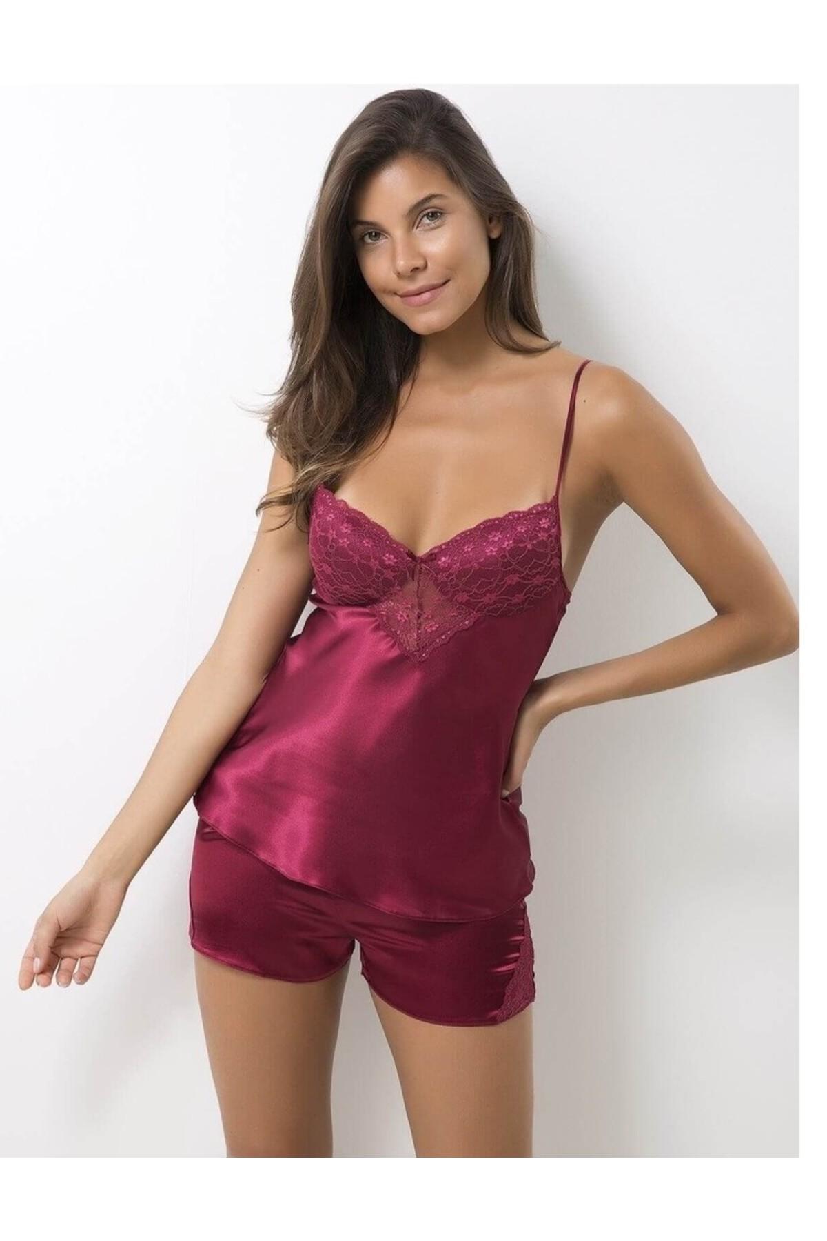 Pierre Cardin Kadın Fantezi Şortlu Pijama Takımı Kaplı Güpürlü Saten