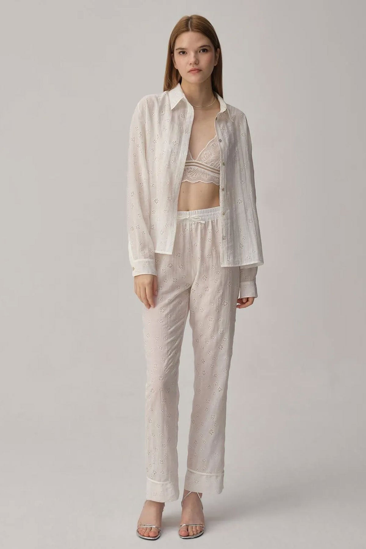 Pierre Cardin Kadın Gömlek Yaka 3'lü Pijama Takımı Büstiyerli Dantelli