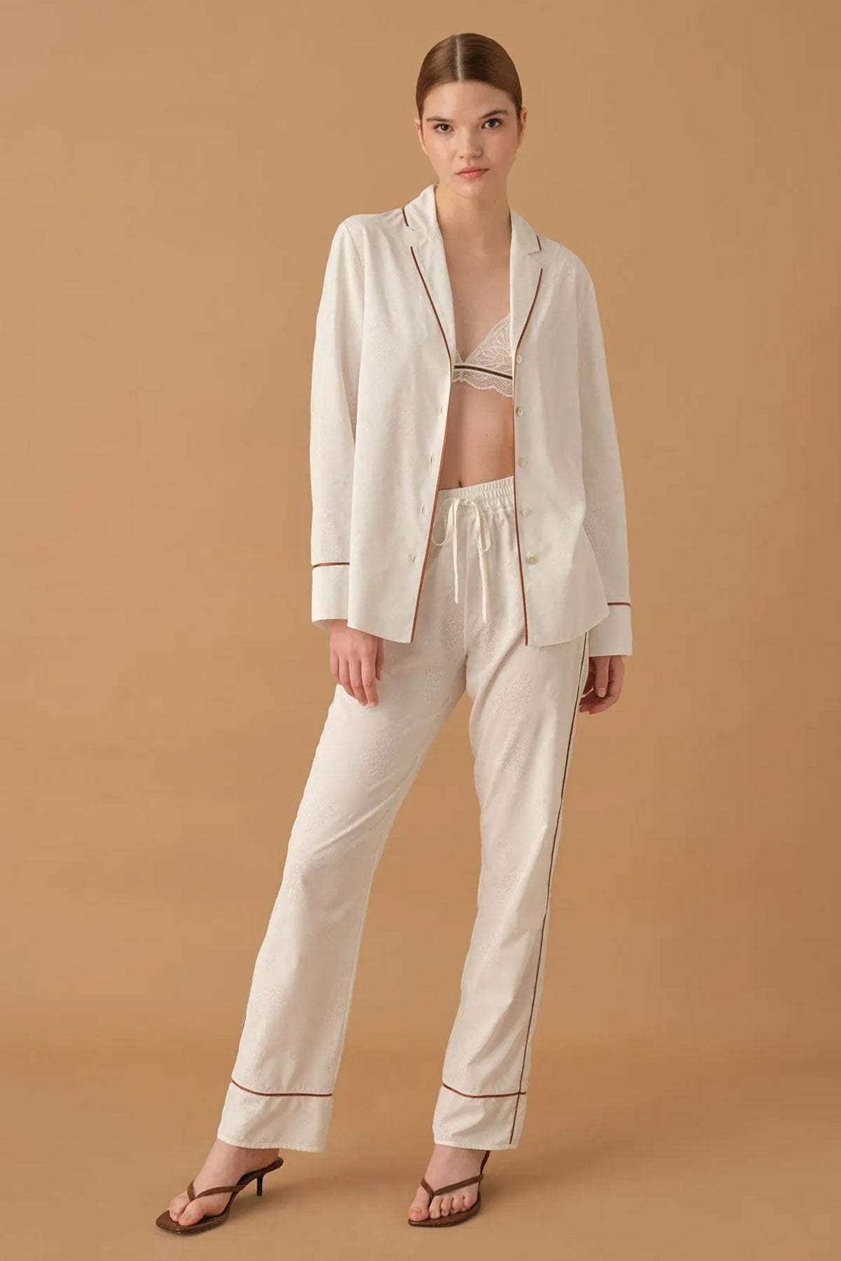 Pierre Cardin Kadın Gömlek Yaka 3'lü Pijama Takımı Büstiyerli Dantelli