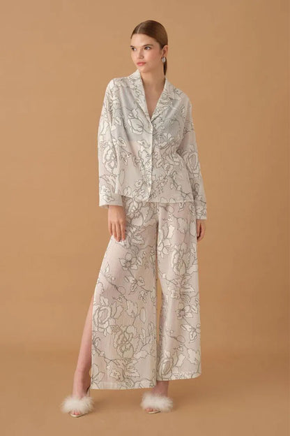 Pierre Cardin Kadın Gömlek Yaka 3'lü Pijama Takımı Büstiyerli Dantelli Alt Yırtmaçlı