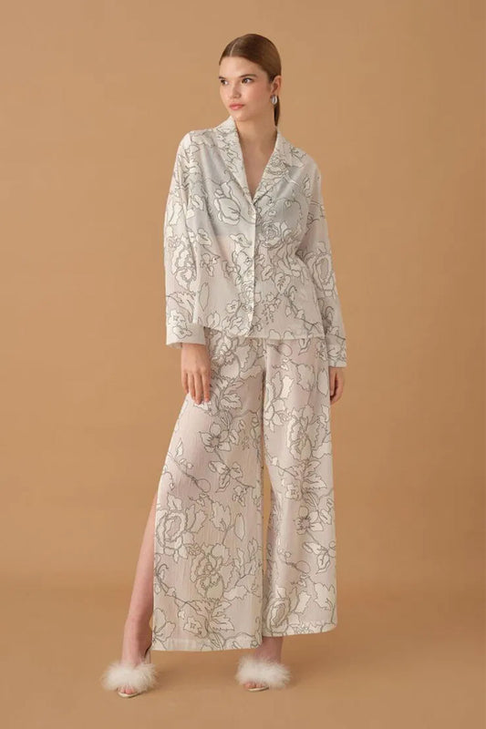 Pierre Cardin Kadın Gömlek Yaka 3'lü Pijama Takımı Büstiyerli Dantelli Alt Yırtmaçlı