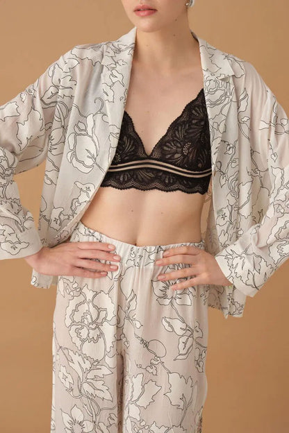 Pierre Cardin Kadın Gömlek Yaka 3'lü Pijama Takımı Büstiyerli Dantelli Alt Yırtmaçlı