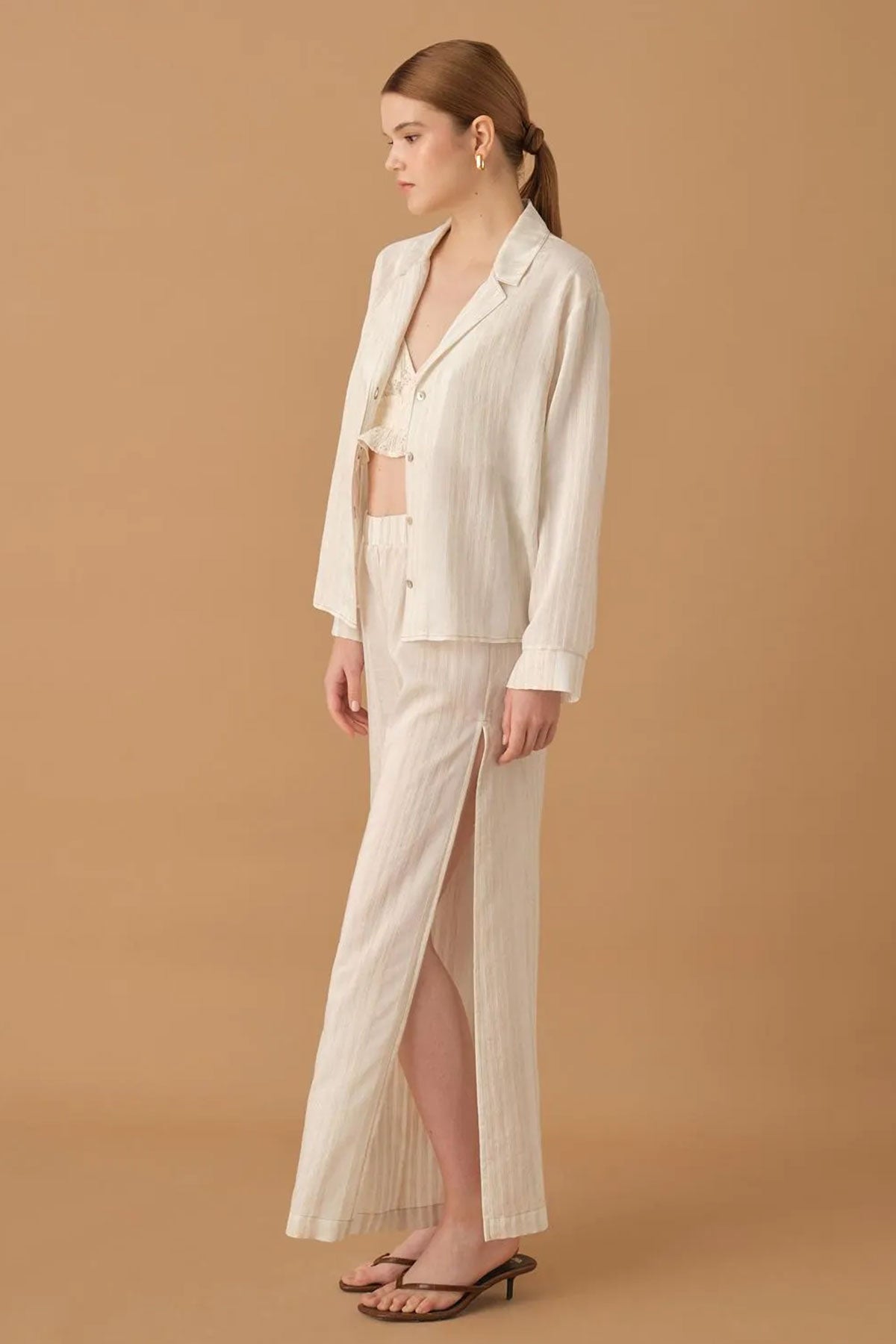 Pierre Cardin Kadın Gömlek Yaka 3'lü Pijama Takımı Keten Büstiyerli Altı Yırtmaçlı