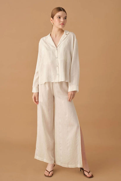 Pierre Cardin Kadın Gömlek Yaka 3'lü Pijama Takımı Keten Büstiyerli Altı Yırtmaçlı