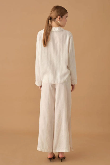 Pierre Cardin Kadın Gömlek Yaka 3'lü Pijama Takımı Keten Büstiyerli Altı Yırtmaçlı