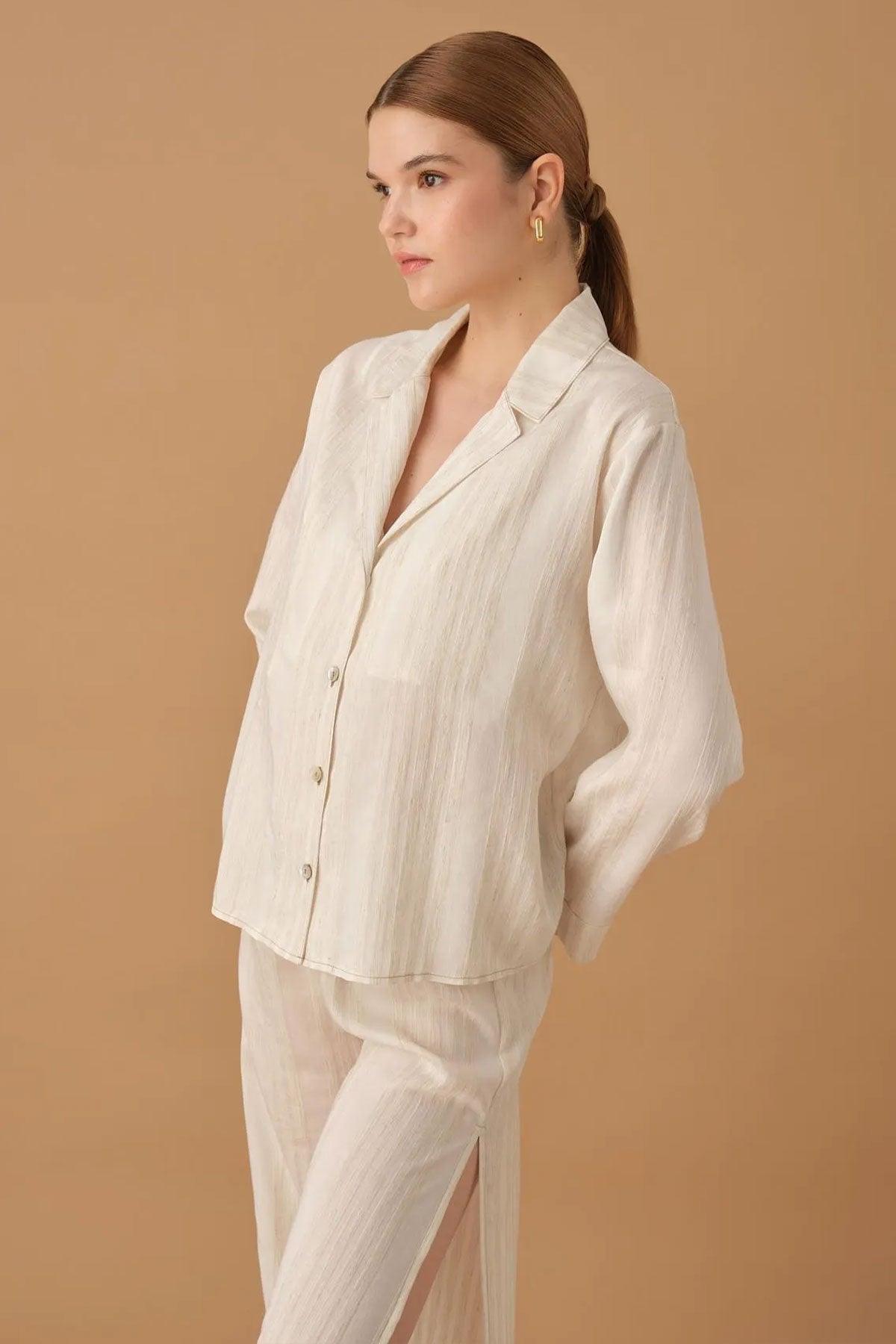 Pierre Cardin Kadın Gömlek Yaka 3'lü Pijama Takımı Keten Büstiyerli Altı Yırtmaçlı