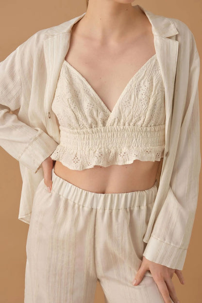 Pierre Cardin Kadın Gömlek Yaka 3'lü Pijama Takımı Keten Büstiyerli Altı Yırtmaçlı