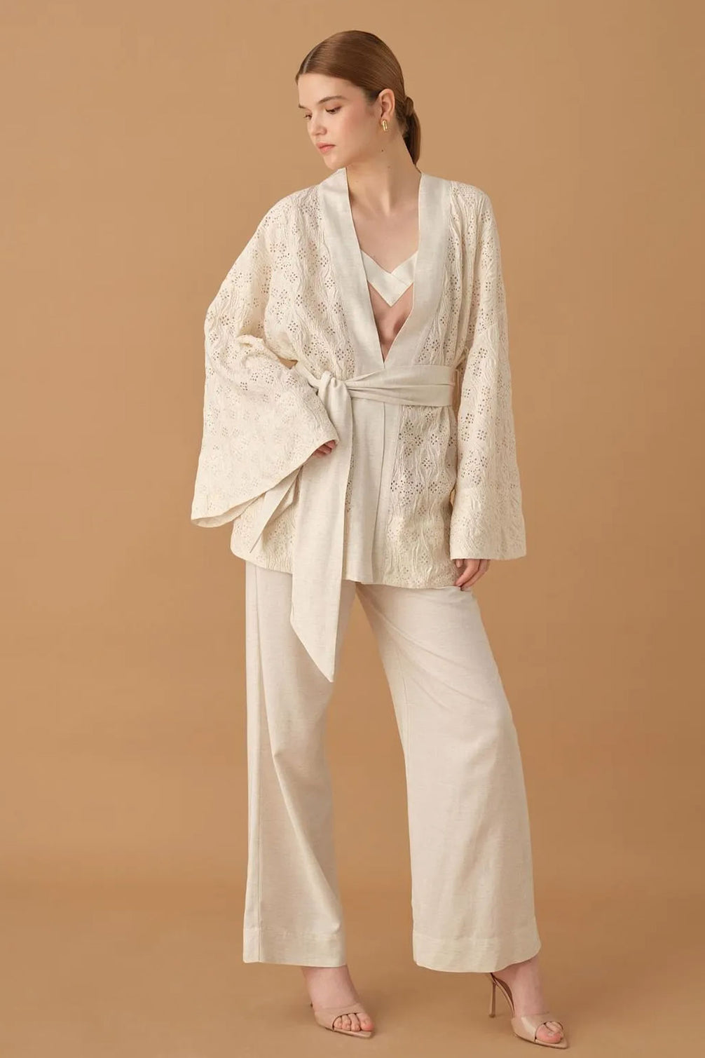 Pierre Cardin Kadın Kimonolu 3'lü Pijama Takımı Keten İp Askılı
