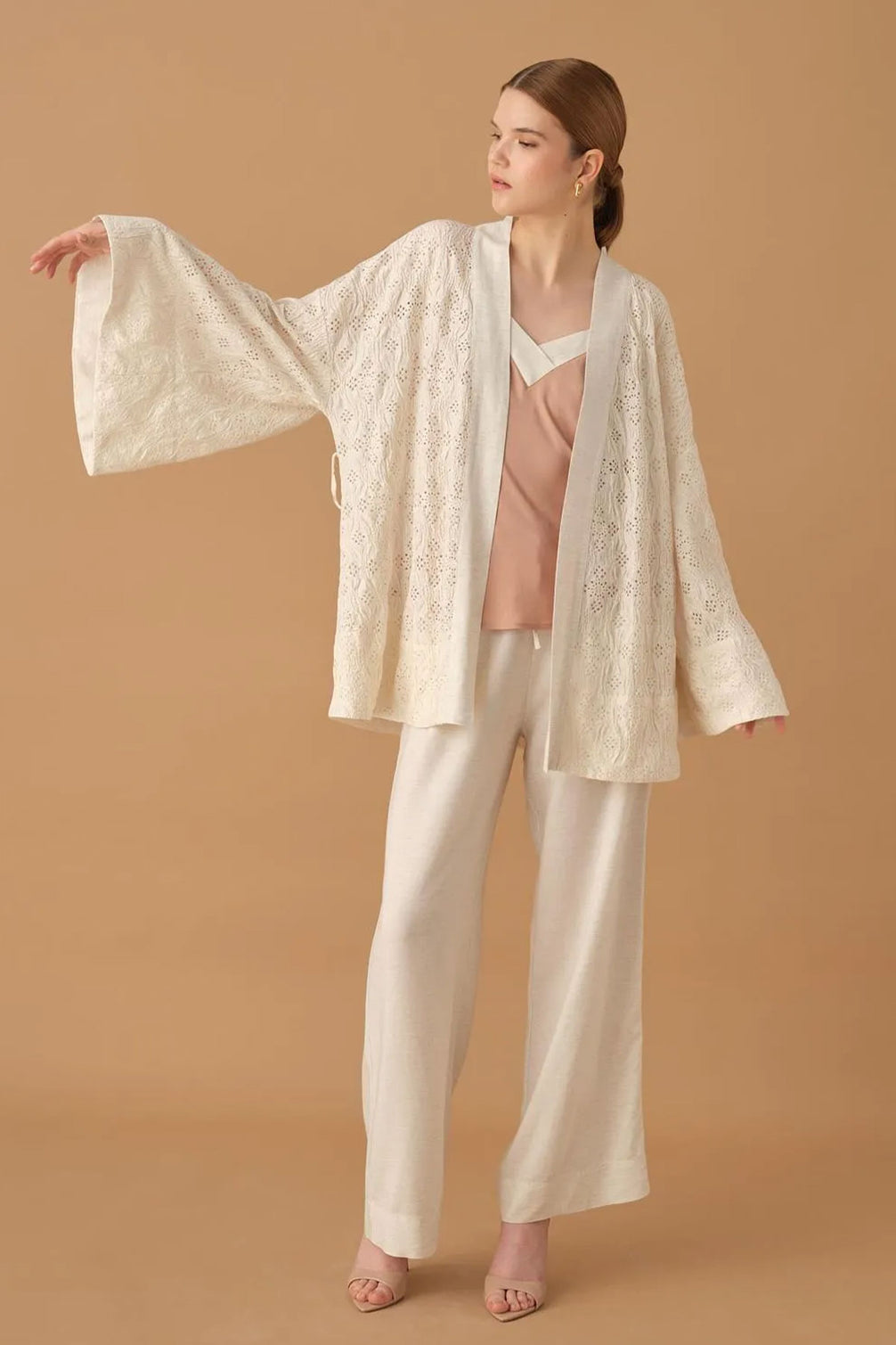 Pierre Cardin Kadın Kimonolu 3'lü Pijama Takımı Keten İp Askılı