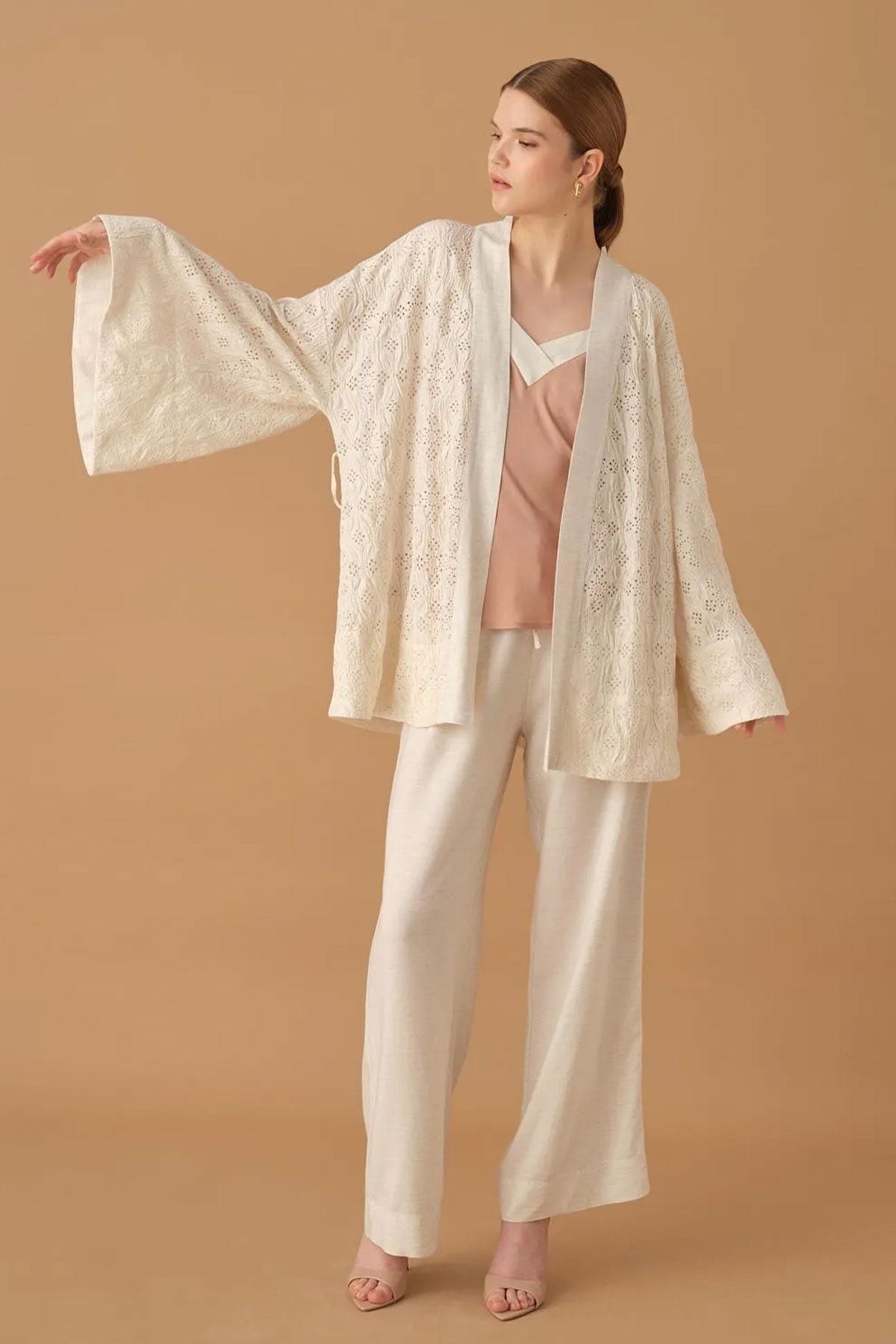 Pierre Cardin Kadın Kimonolu 3'lü Pijama Takımı Keten İp Askılı