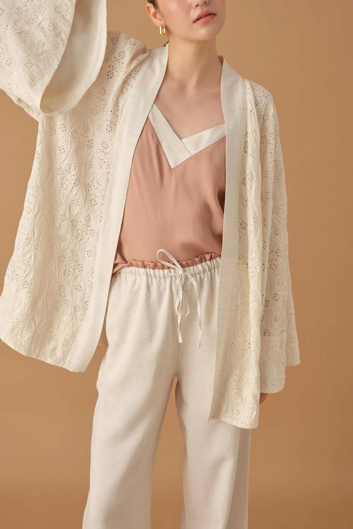 Pierre Cardin Kadın Kimonolu 3'lü Pijama Takımı Keten İp Askılı
