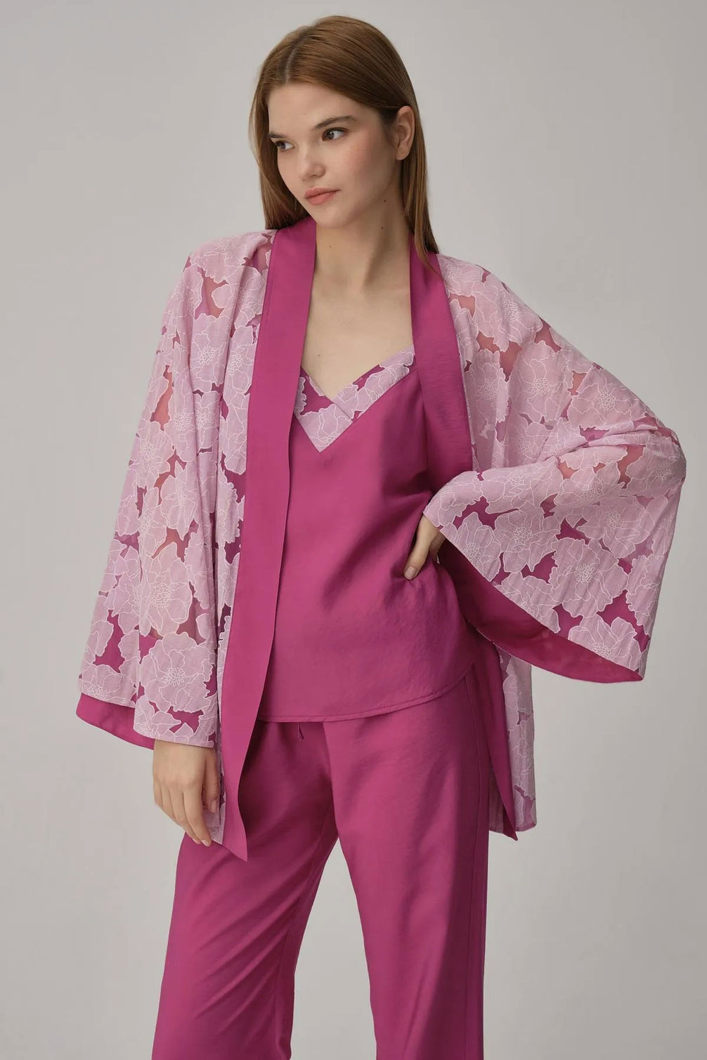 Pierre Cardin Kadın Kimonolu 3'lü Pijama Takımı Transparan İp Askılı