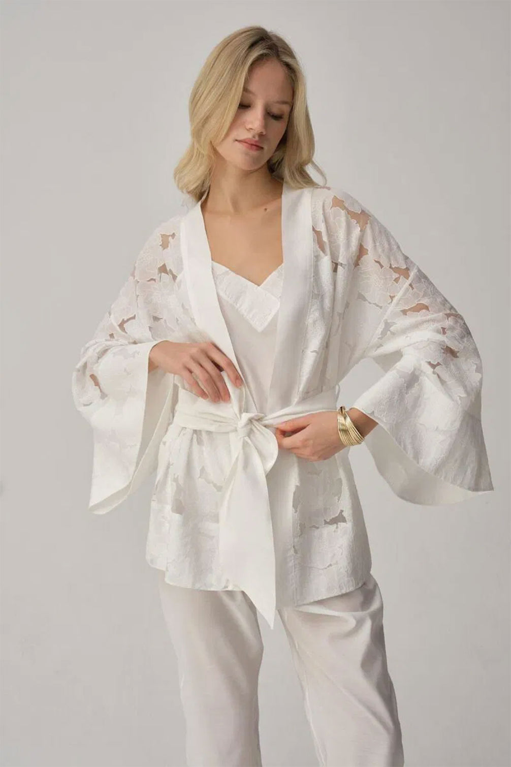 Pierre Cardin Kadın Kimonolu 3'lü Pijama Takımı Transparan İp Askılı