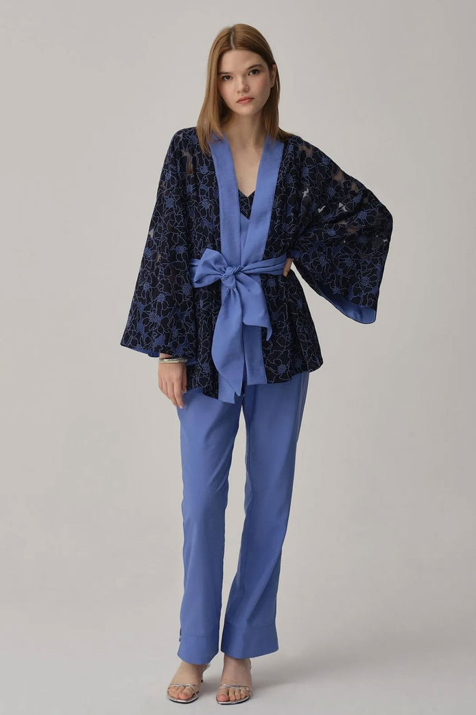 Pierre Cardin Kadın Kimonolu 3'lü Pijama Takımı Transparan İp Askılı