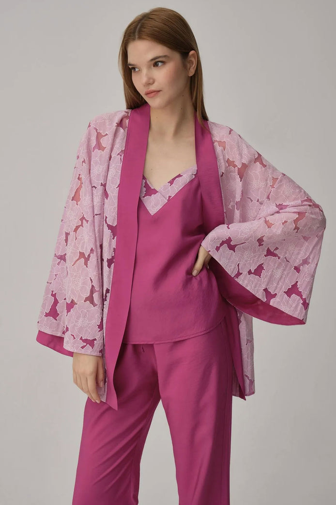 Pierre Cardin Kadın Kimonolu 3'lü Pijama Takımı Transparan İp Askılı