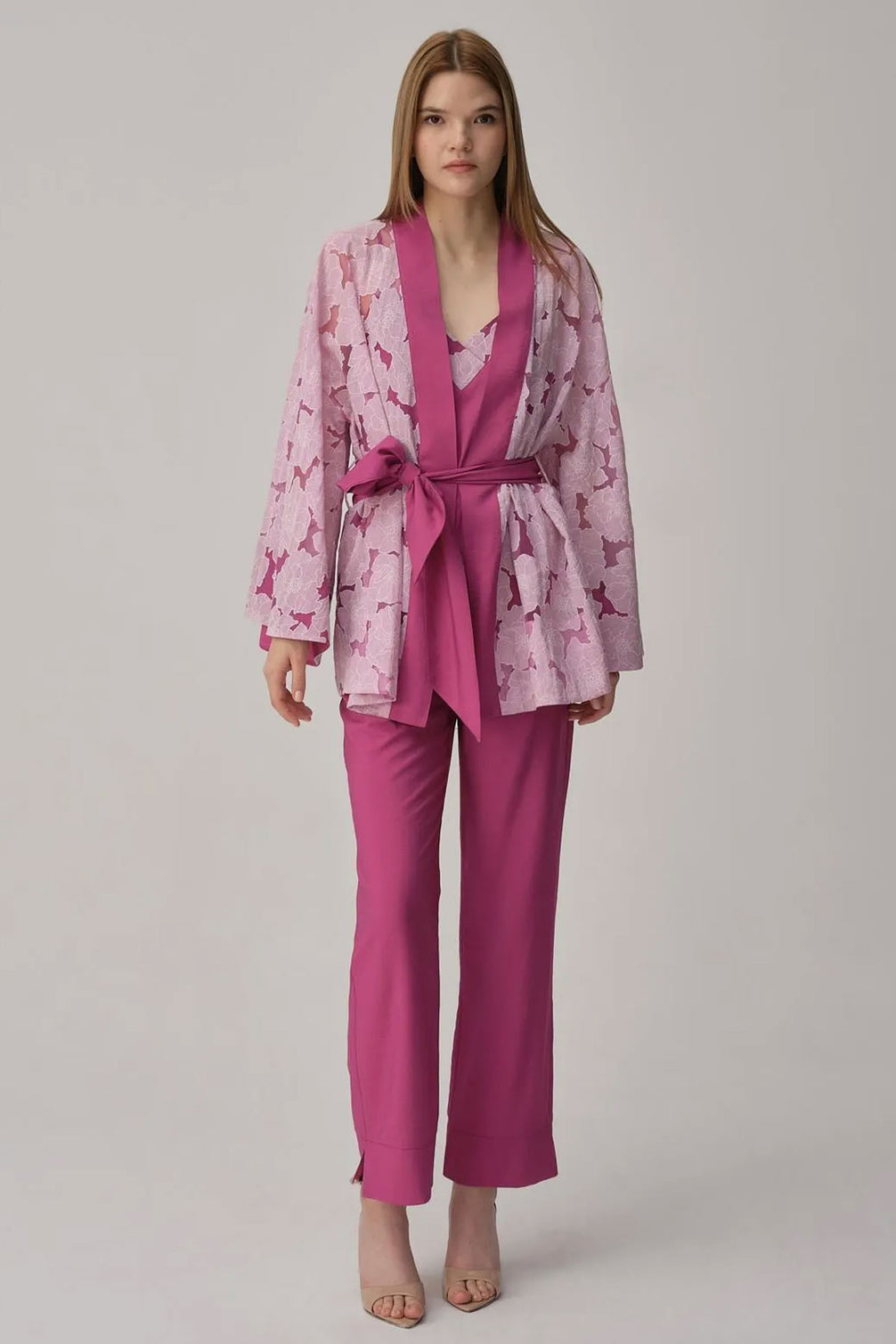 Pierre Cardin Kadın Kimonolu 3'lü Pijama Takımı Transparan İp Askılı