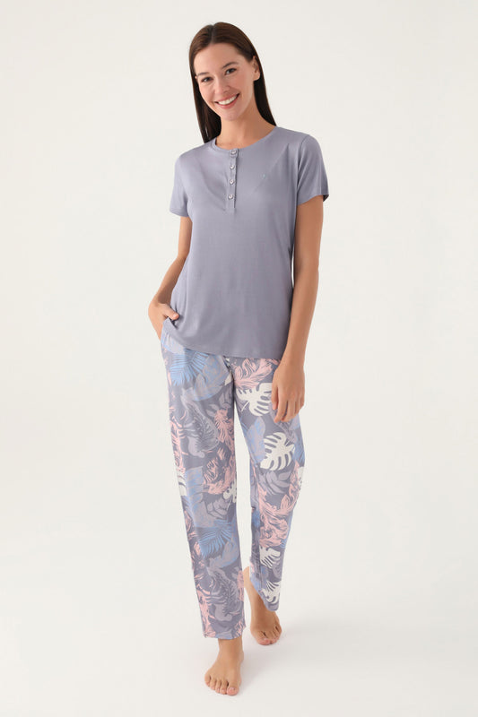 Pierre Cardin Kadın Pijama Takımı Kısa Kollu Yaka 4 Düğmeli Süprem