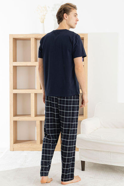 Pijaman Erkek Pijama Takımı 3'lü Kısa Kollu Bisiklet Yaka Cepli Pamuklu Ekose