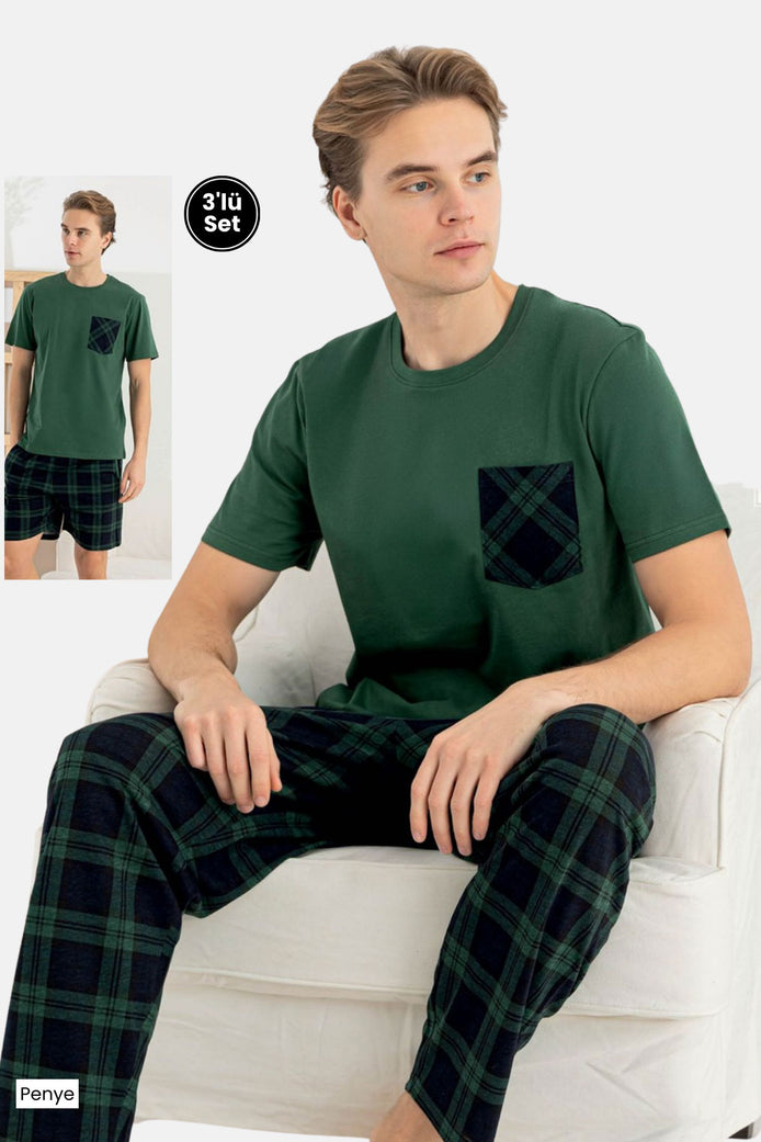 Pijaman Erkek Pijama Takımı 3'lü Kısa Kollu Bisiklet Yaka Cepli Pamuklu Ekose