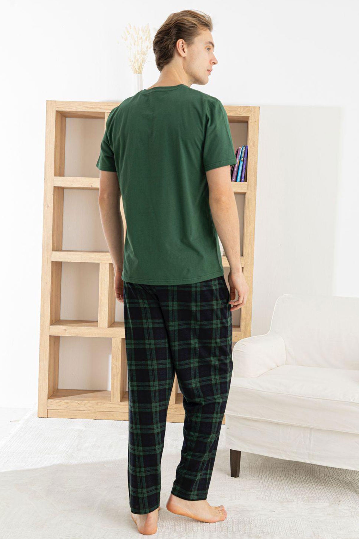 Pijaman Erkek Pijama Takımı 3'lü Kısa Kollu Bisiklet Yaka Cepli Pamuklu Ekose