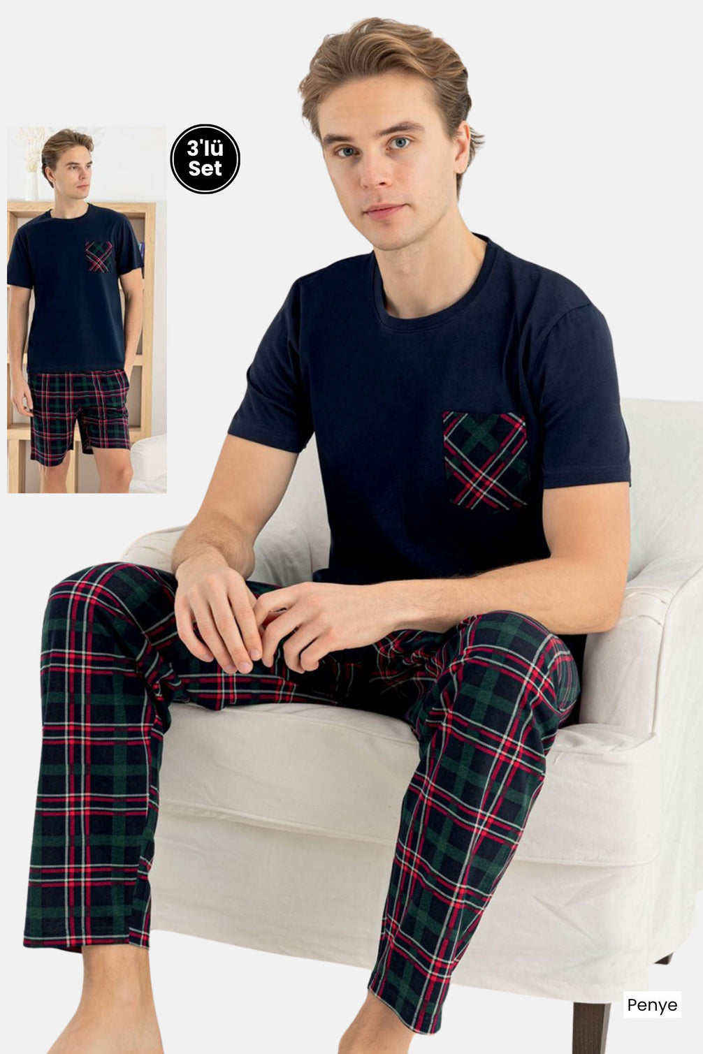 Pijaman Erkek Pijama Takımı 3'lü Kısa Kollu Bisiklet Yaka Cepli Pamuklu Ekose