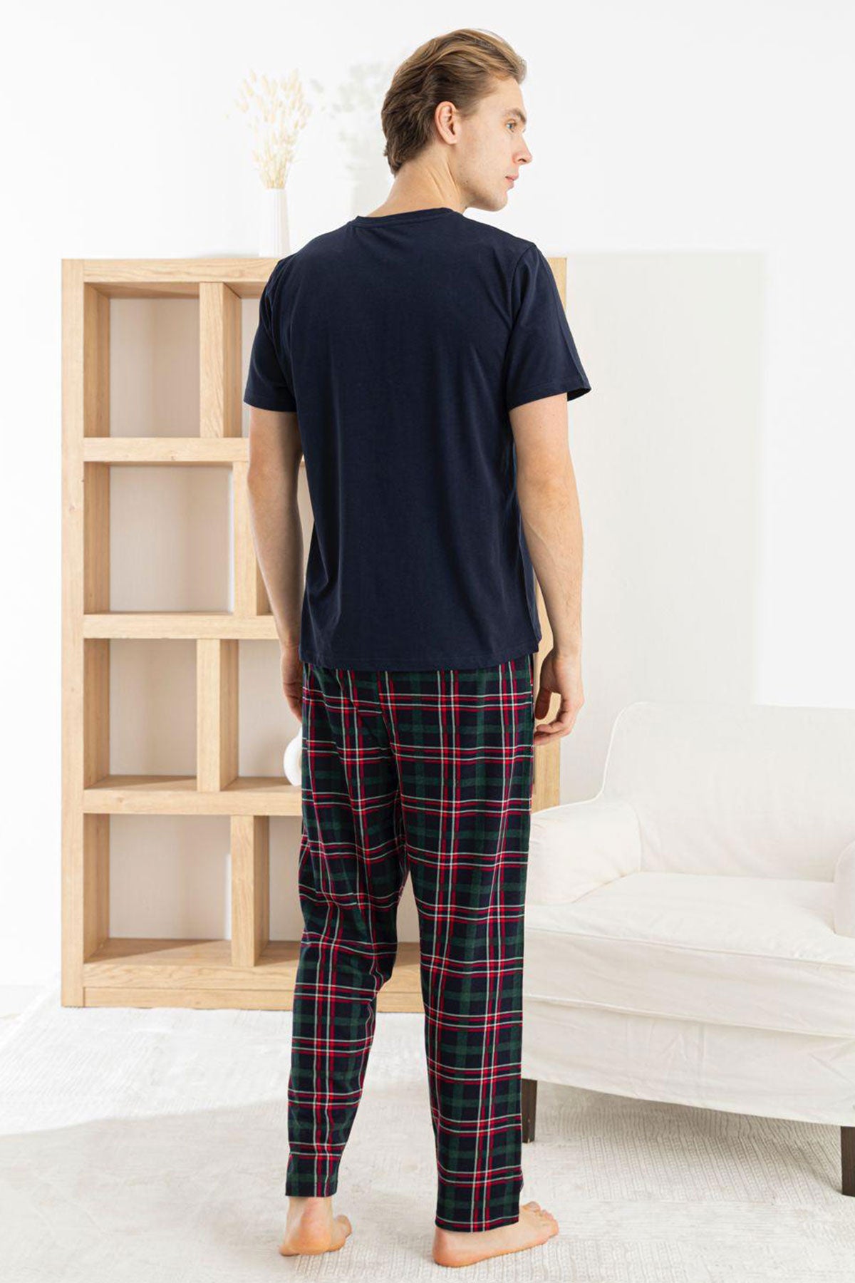 Pijaman Erkek Pijama Takımı 3'lü Kısa Kollu Bisiklet Yaka Cepli Pamuklu Ekose