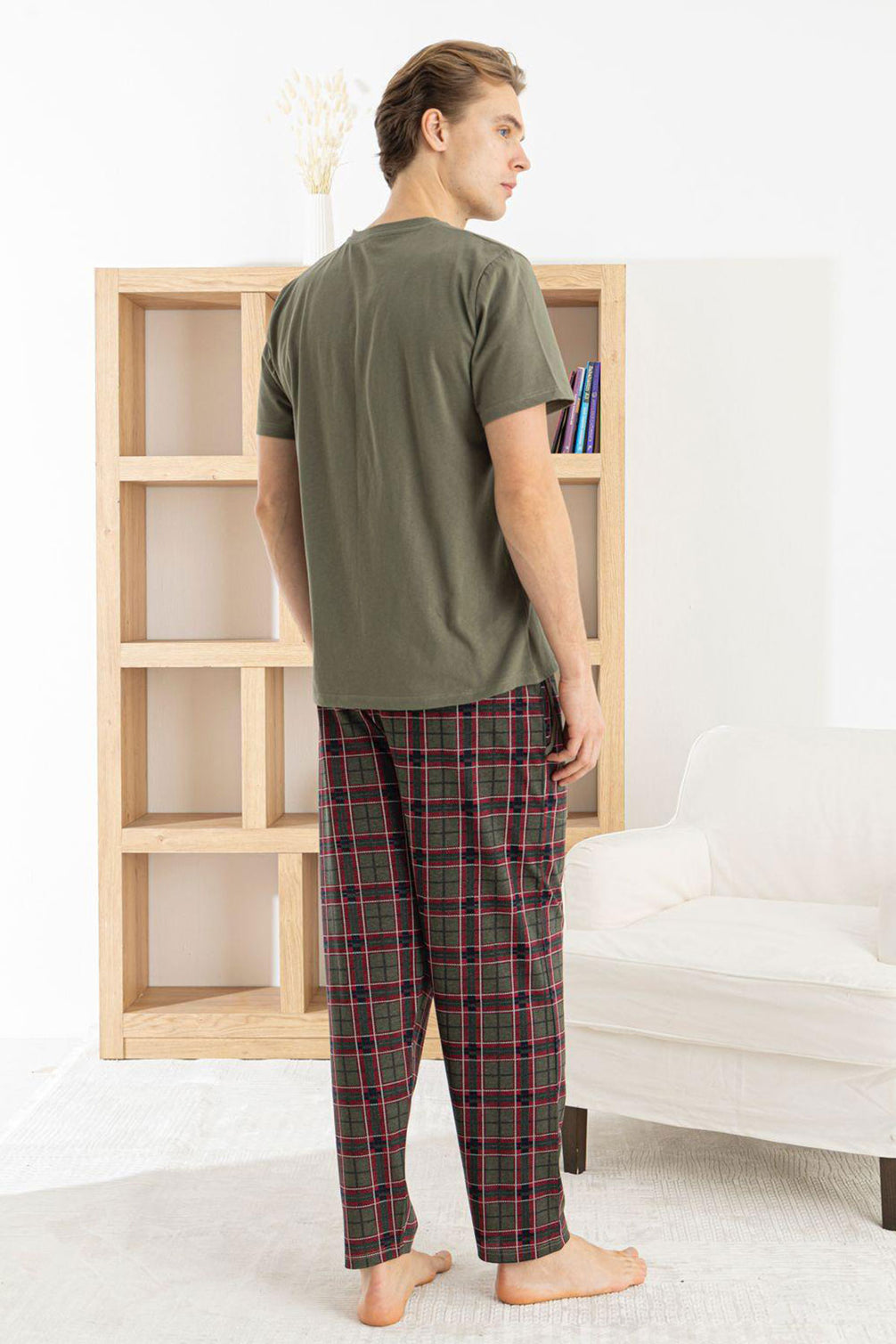 Pijaman Erkek Pijama Takımı 3'lü Kısa Kollu Bisiklet Yaka Cepli Pamuklu Ekose