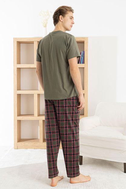 Pijaman Erkek Pijama Takımı 3'lü Kısa Kollu Bisiklet Yaka Cepli Pamuklu Ekose