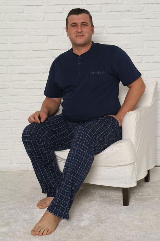 Pjm Erkek Pijama Takımı Büyük Beden Kısa Kollu Düğmeli Ekose Pamuklu
