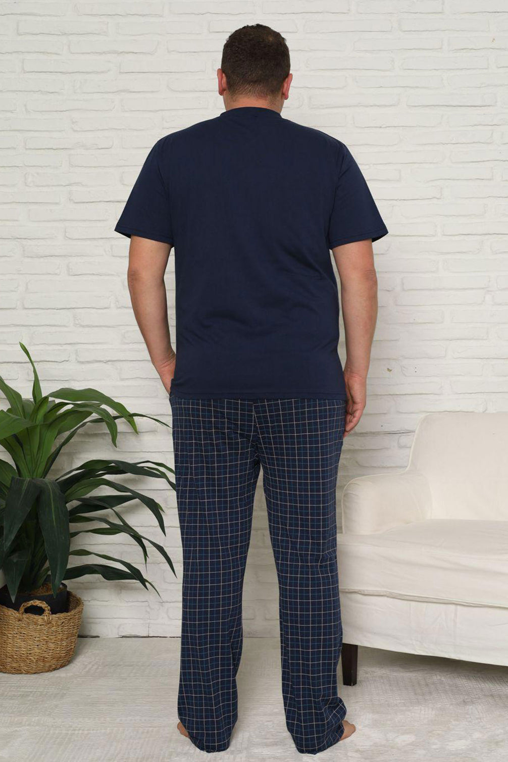 Pjm Erkek Pijama Takımı Büyük Beden Kısa Kollu Düğmeli Ekose Pamuklu