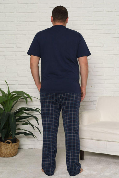 Pjm Erkek Pijama Takımı Büyük Beden Kısa Kollu Düğmeli Ekose Pamuklu