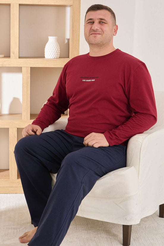 Pijaman Erkek Pijama Takımı Büyük Beden Uzun Kollu Bisiklet Yaka Pamuklu