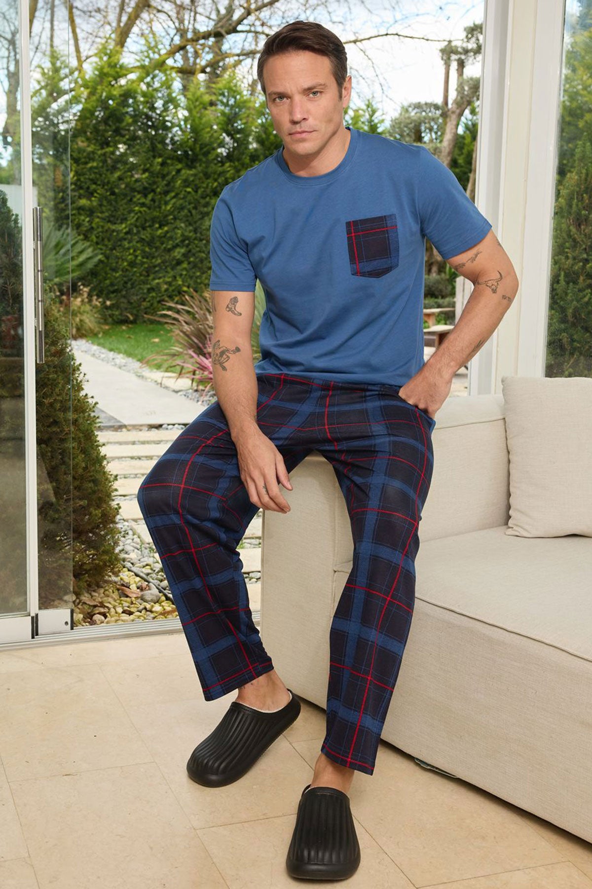 Pijaman Erkek Pijama Takımı Kısa Kollu Bisiklet Yaka Pamuklu Cepli