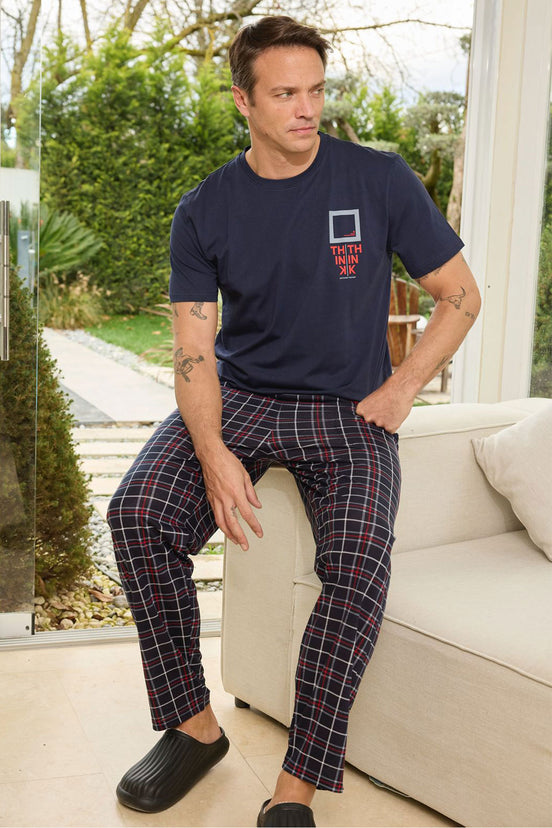 Pijaman Erkek Pijama Takımı Kısa Kollu Bisiklet Yaka Pamuklu Ekose