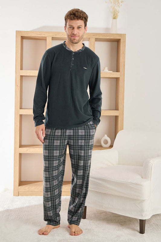 Pijaman Erkek Pijama Takımı Uzun Kollu 3 Düğmeli Microsfot Alt Ekose Desenli