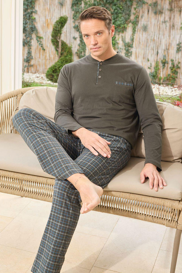 Pijaman Erkek Pijama Takımı Uzun Kollu 3 Düğmeli Pamuklu Alt Ekose