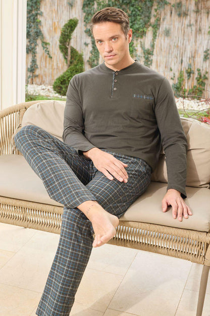 Pijaman Erkek Pijama Takımı Uzun Kollu 3 Düğmeli Pamuklu Alt Ekose