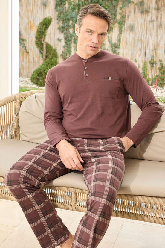 Pijaman Erkek Pijama Takımı Uzun Kollu 3 Düğmeli Pamuklu Alt Ekose