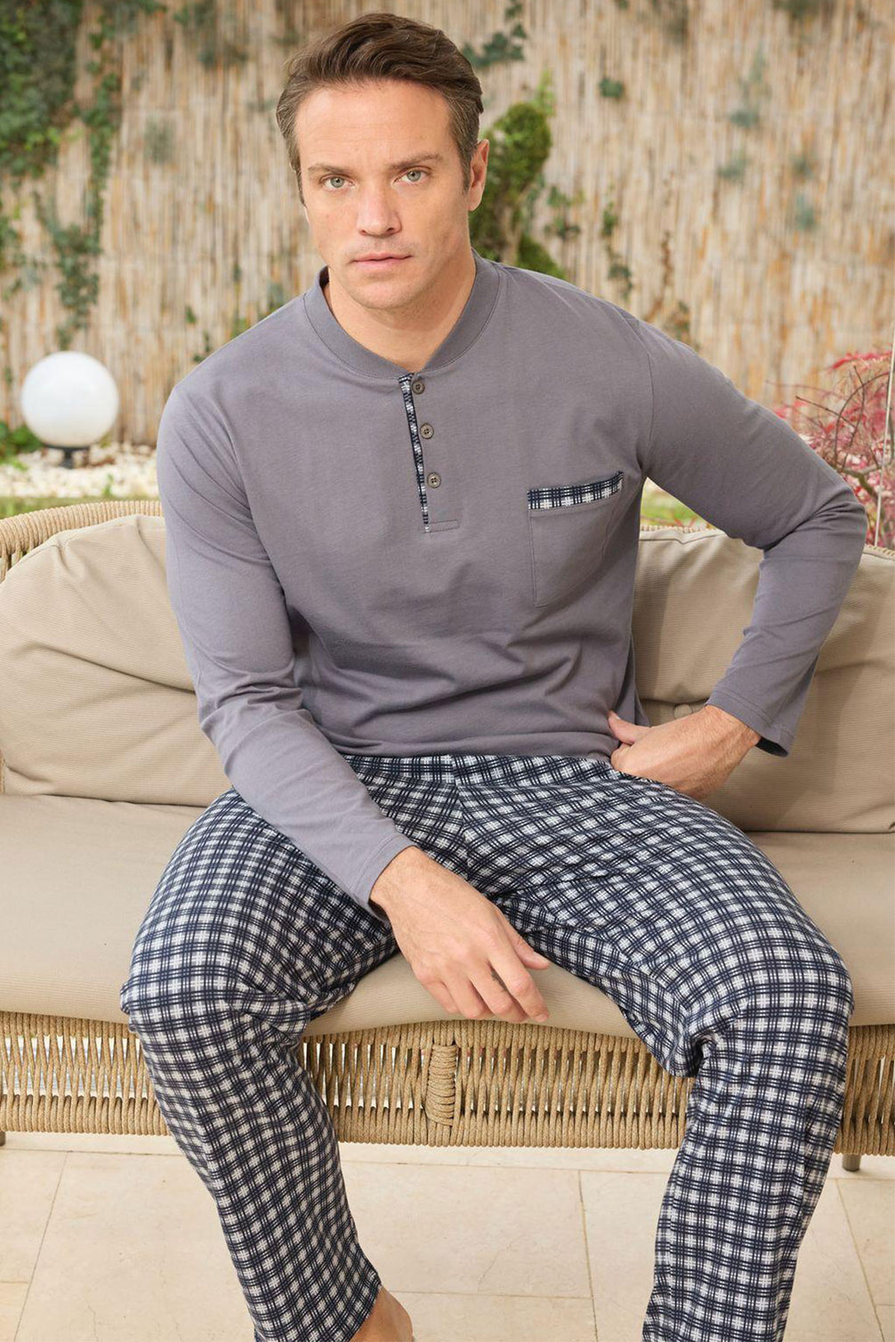 Pijaman Erkek Pijama Takımı Uzun Kollu 3 Düğmeli Pamuklu Alt Ekose
