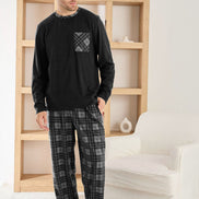 Pijaman Erkek Pijama Takımı Uzun Kollu Bisiklet Yaka Cepli Microsfot Alt Ekose Desenli