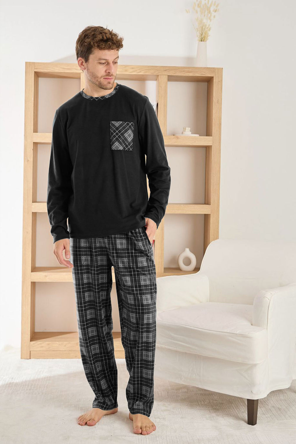 Pijaman Erkek Pijama Takımı Uzun Kollu Bisiklet Yaka Cepli Microsfot Alt Ekose Desenli