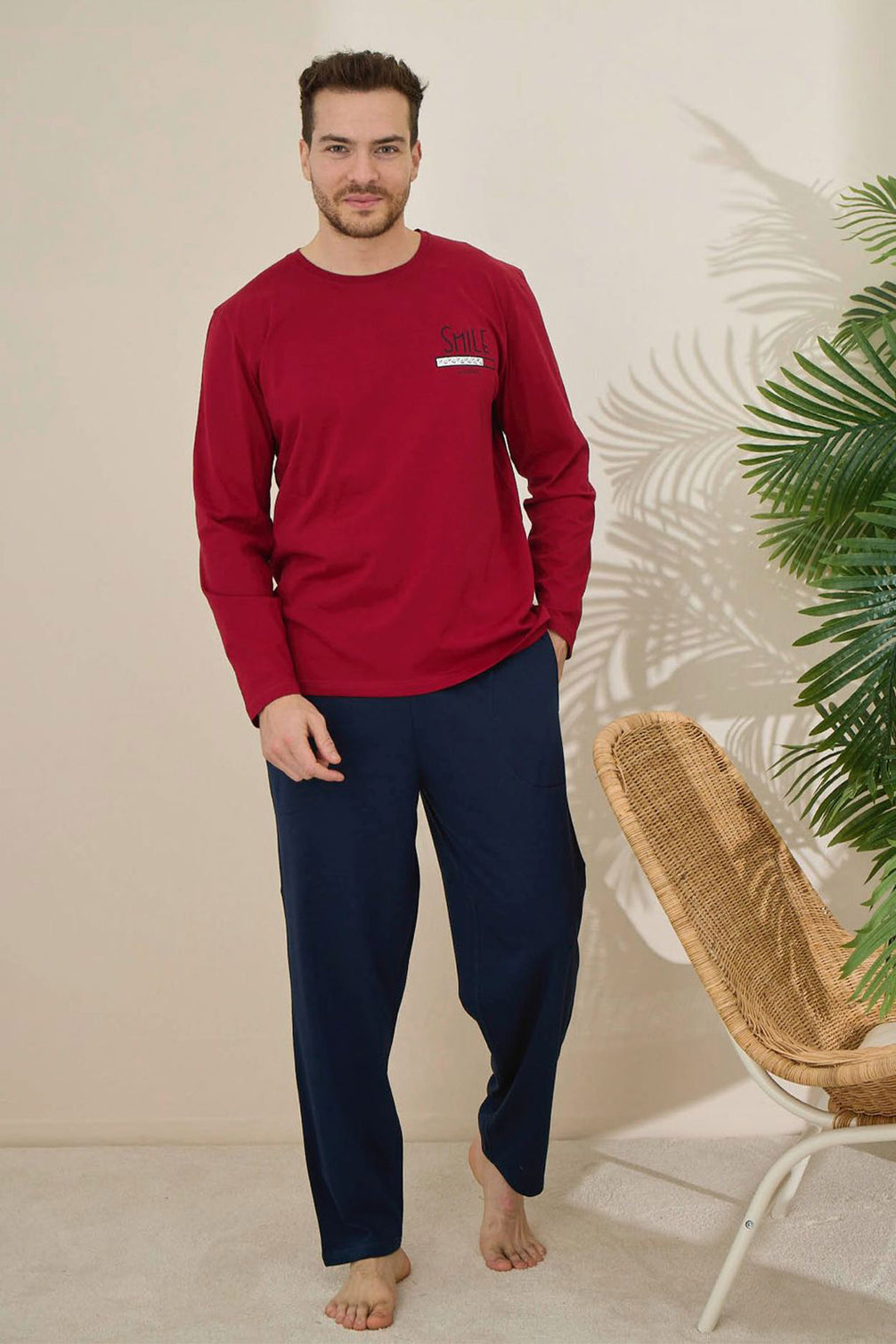 Pijaman Erkek Pijama Takımı Uzun Kollu Bisiklet Yaka Pamuklu