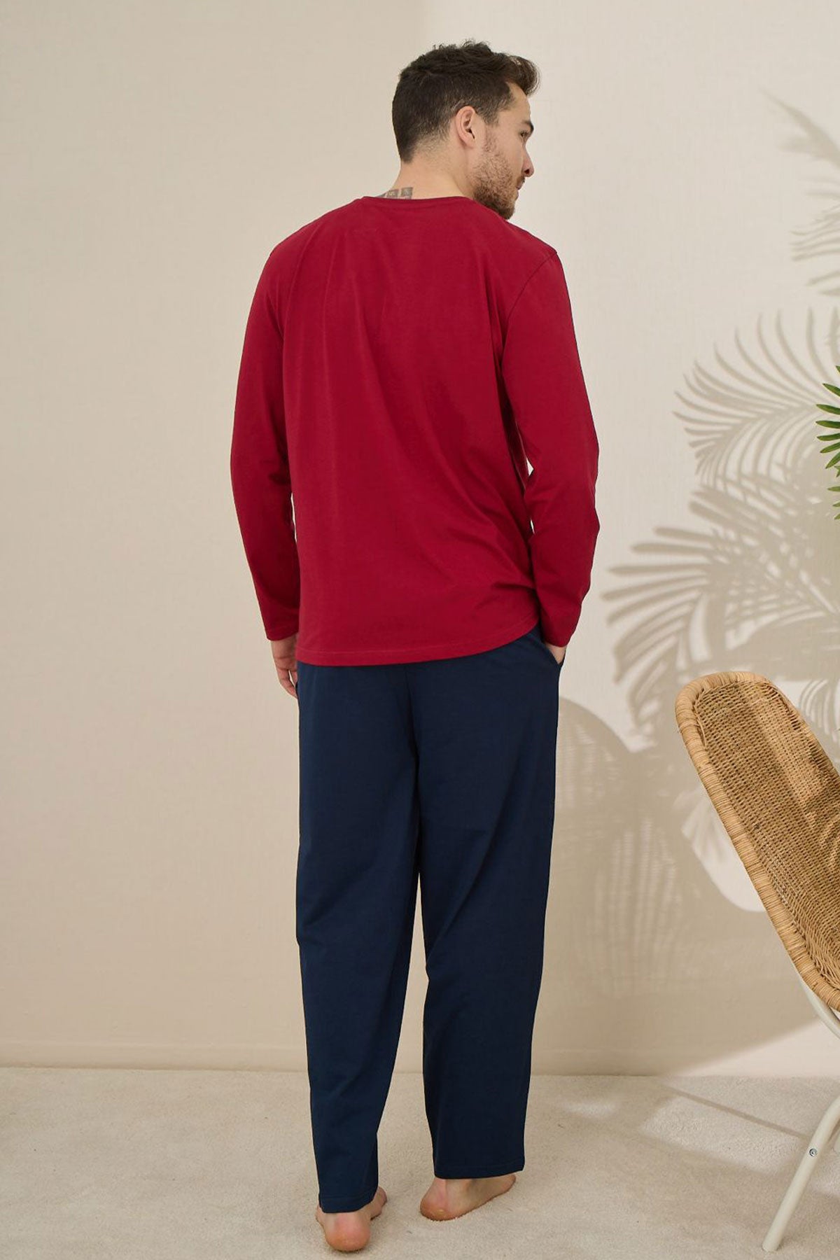 Pijaman Erkek Pijama Takımı Uzun Kollu Bisiklet Yaka Pamuklu