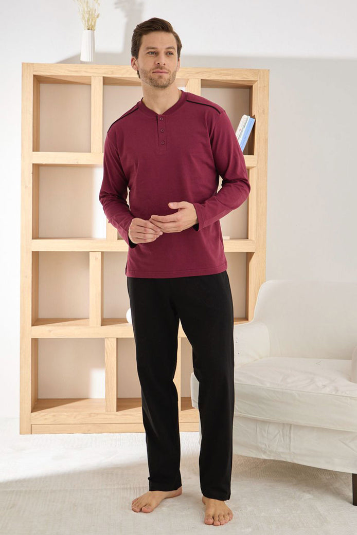 Pijaman Erkek Pijama Takımı Uzun Kollu Düğmeli Omuz Biyeli Pamuklu