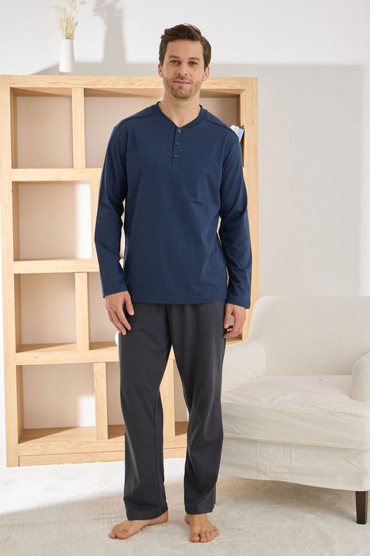 Pijaman Erkek Pijama Takımı Uzun Kollu Düğmeli Omuz Biyeli Pamuklu