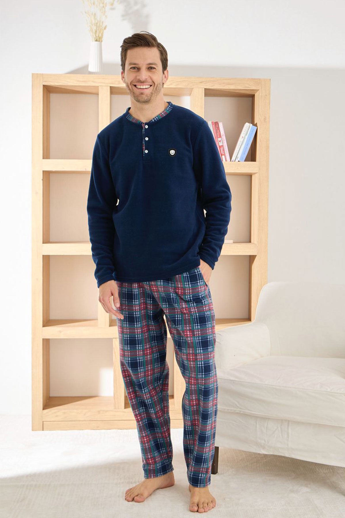 Pijaman Erkek Pijama Takımı Uzun Kollu Üç Düğme Polar Alt Ekose