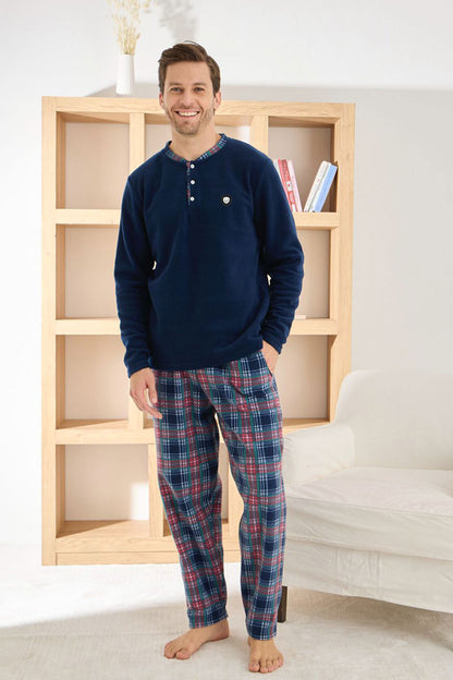 Pijaman Erkek Pijama Takımı Uzun Kollu Üç Düğme Polar Alt Ekose