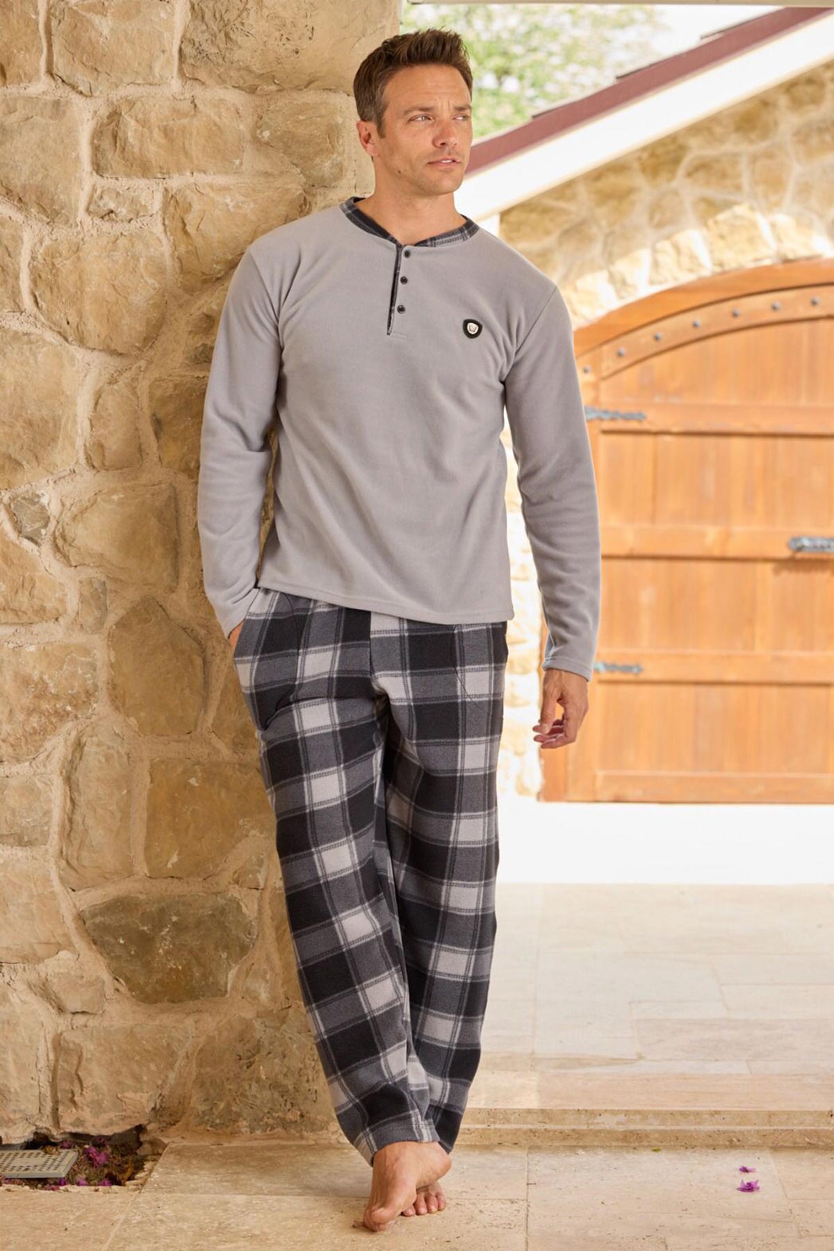 Pijaman Erkek Pijama Takımı Uzun Kollu Üç Düğme Polar Alt Ekose