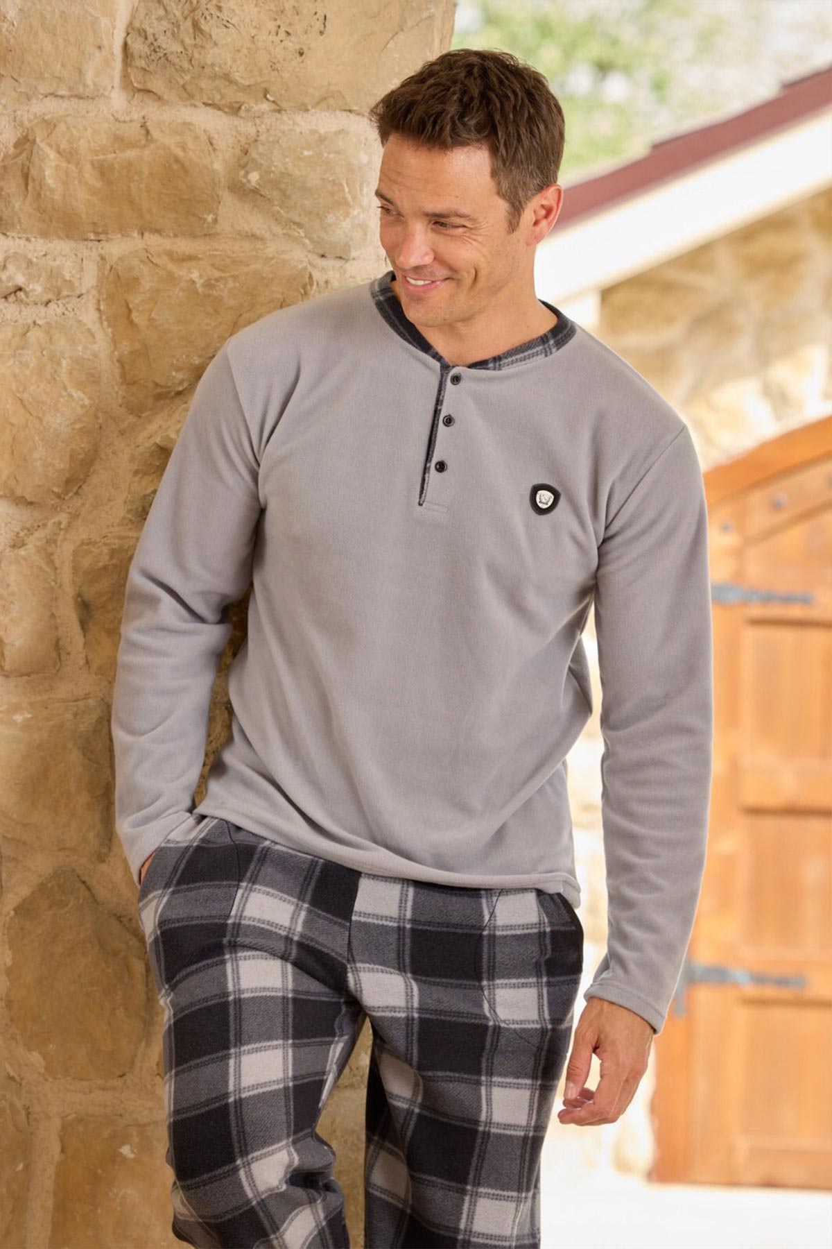 Pijaman Erkek Pijama Takımı Uzun Kollu Üç Düğme Polar Alt Ekose