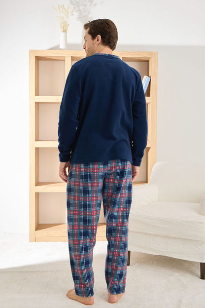 Pijaman Erkek Pijama Takımı Uzun Kollu Üç Düğme Polar Alt Ekose